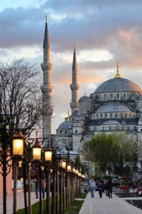 mosque, minarets, street lamps, street, architecture, istanbul, islam, turkey, nature, sunset, city